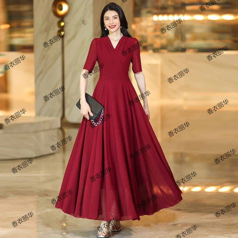 香衣丽华28D-波尔多红夏季短袖V领纯色大摆长款修身显瘦连衣长裙