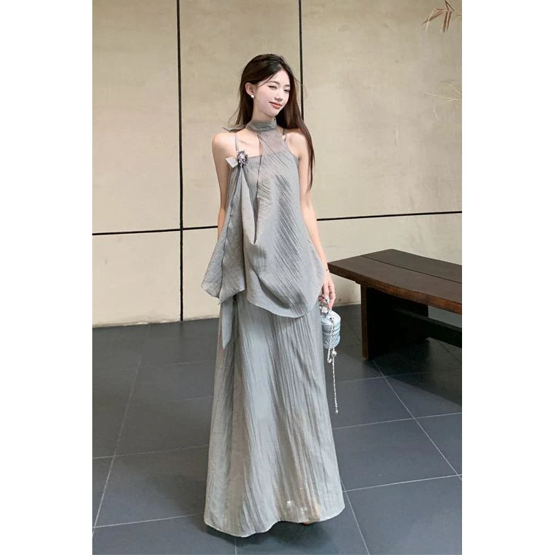 2025年夏季新款不规则挂脖上衣吊带裙套装清冷感国风女装套装裙潮