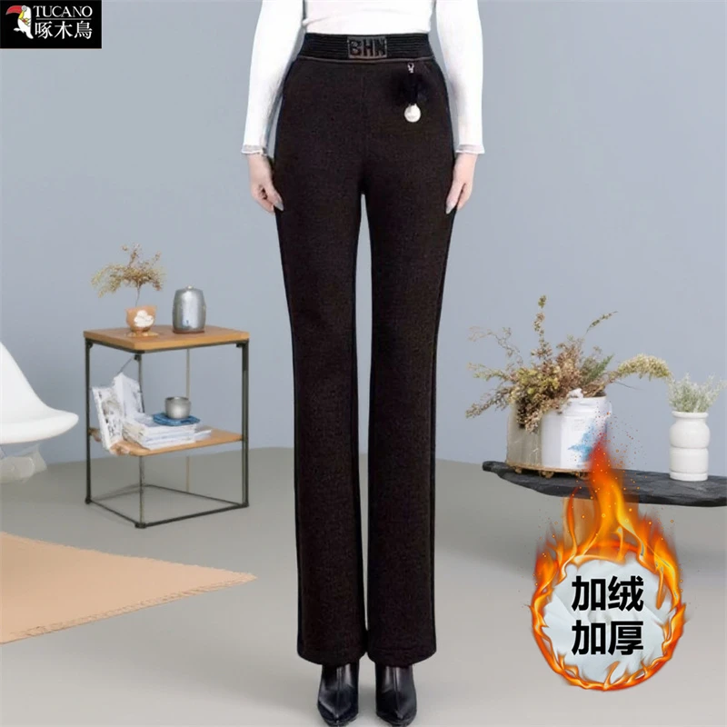 啄木鸟新款纯色外穿长裤女中年小个子秋冬加绒保暖时髦气质微喇裤