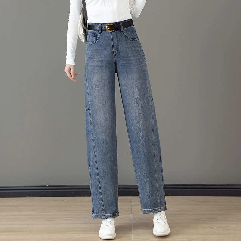 复古窄版阔腿弯刀牛仔裤女2025春季新款时尚高腰宽松直筒镰刀裤子