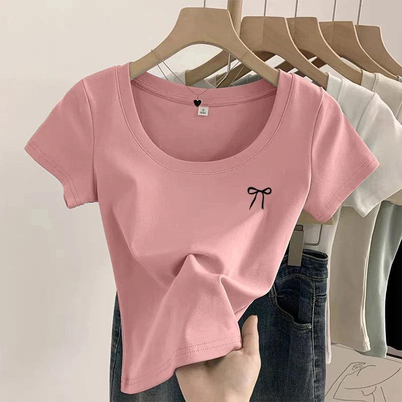 甜美正肩t恤女短袖2026夏季新款修身设计感别致圆领显瘦打底上衣