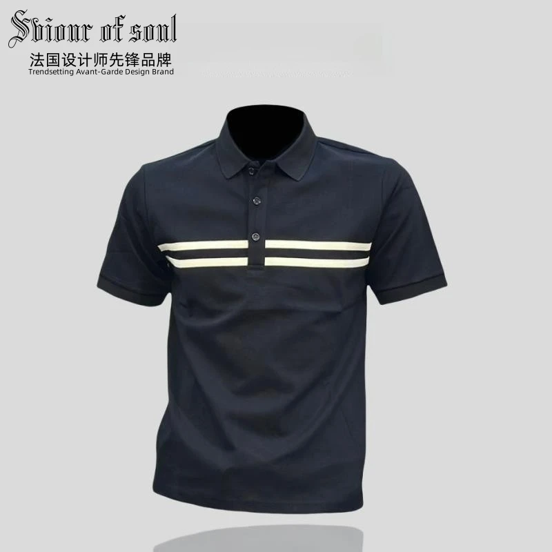 高端POLO衫男士夏季美式经典二道杠短袖t恤衫时尚修身翻领上衣服
