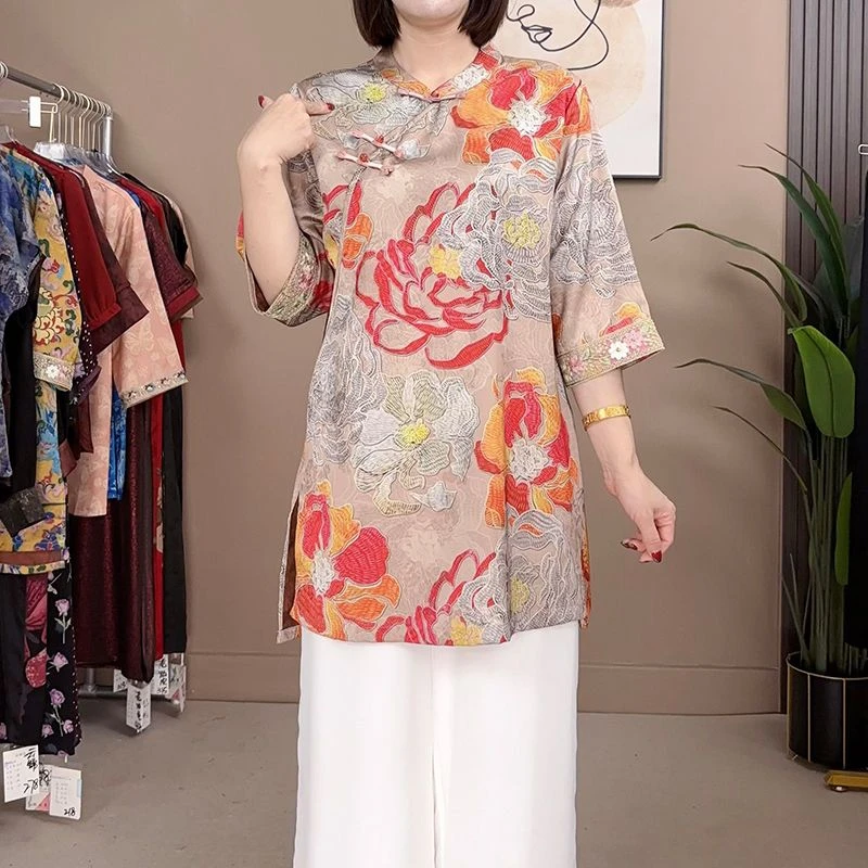 薯莨新中式国风2025夏季新款盘扣中长上衣7612