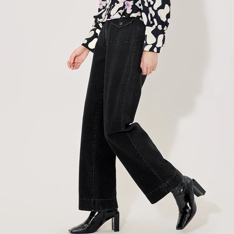 春秋纯色微弹力常规版复古牛仔裤设计感通勤显瘦直筒长裤161T5323