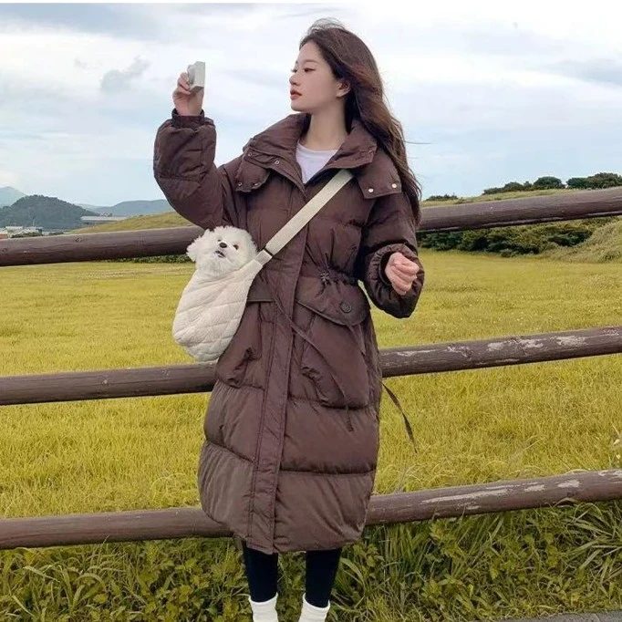 2025气质显瘦时尚中长款袖百搭冬季收腰连帽加厚白鸭绒羽绒服外套