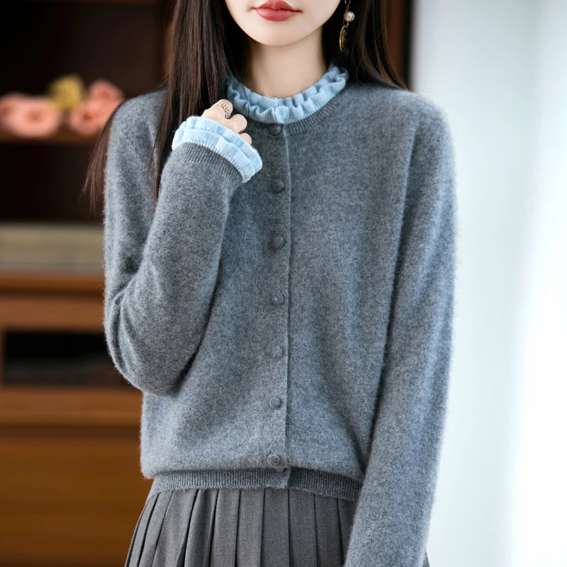 100%纯羊毛包扣木耳边针织衫女法式气质木耳花边圆领拼色开衫毛衣