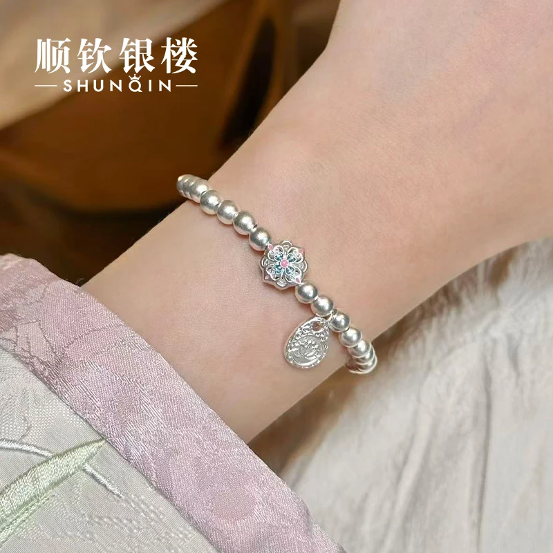 顺钦银楼 足银珐琅手链  【知荷手串】999新中式简约百搭手串
