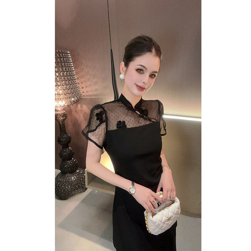 （特价）国风盘扣纱纱拼接波点连衣裙Q30587