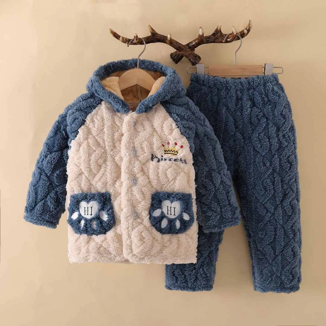 儿童保暖男童女童秋冬加厚法兰绒珊瑚绒家居服提花款舒适睡衣套装