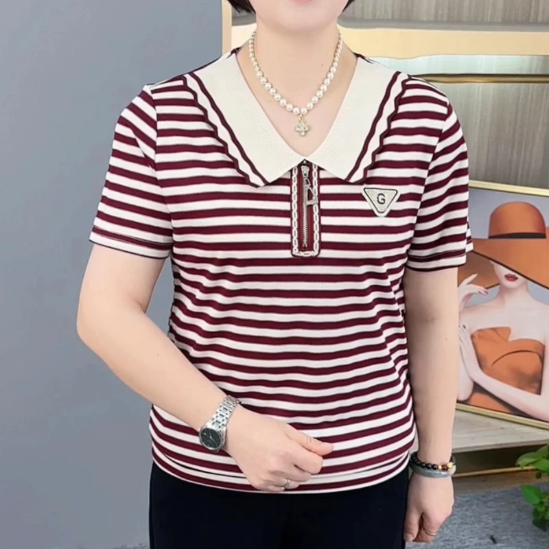 夏季新款时尚潮流翻领条纹印花气质宽松百搭显瘦短袖上衣H2535