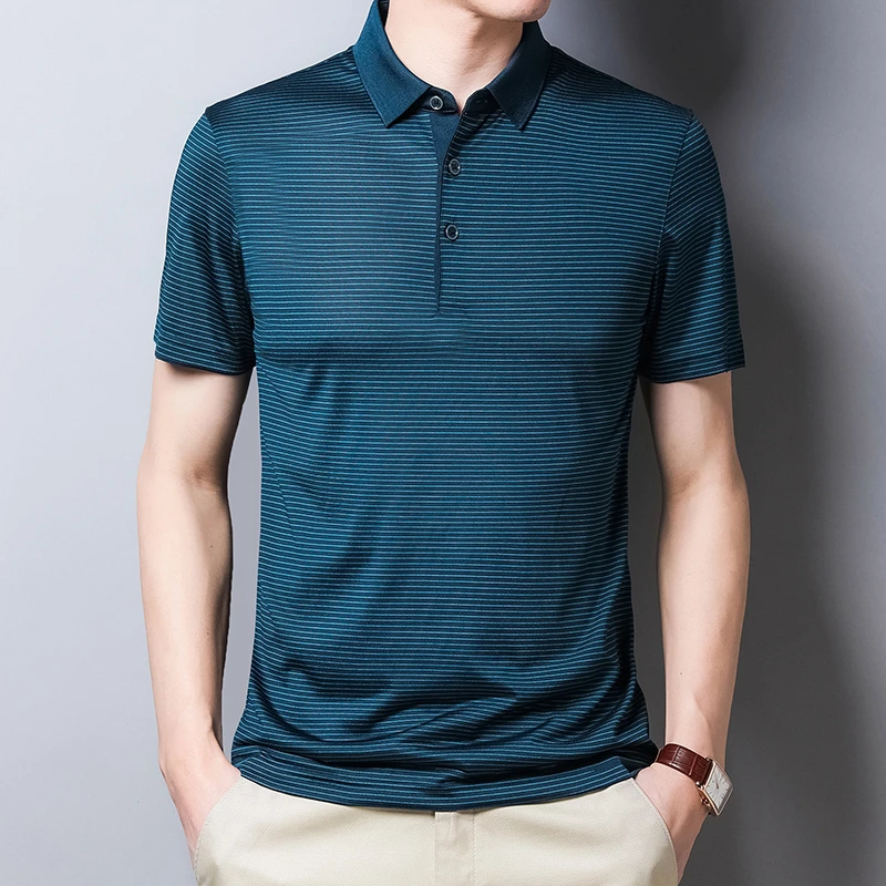 [桑蚕丝]夏新款中年男士翻领高档商务透气桑蚕丝条纹短袖9133