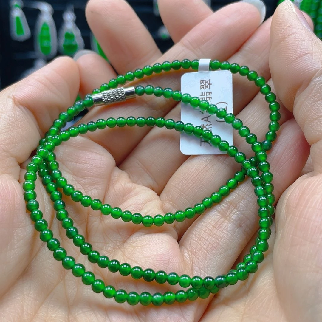 翡翠颈饰未镶嵌天然A货翡翠辣绿卡3珠串