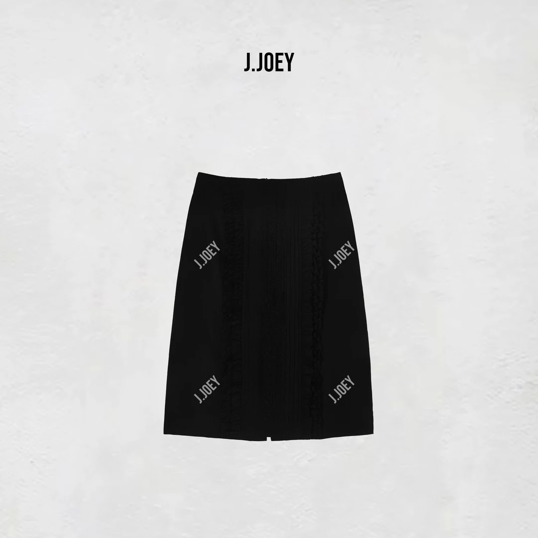 J.JOEY 25早春 复古设计感蕾丝花边黑色中裙气质半裙 0658