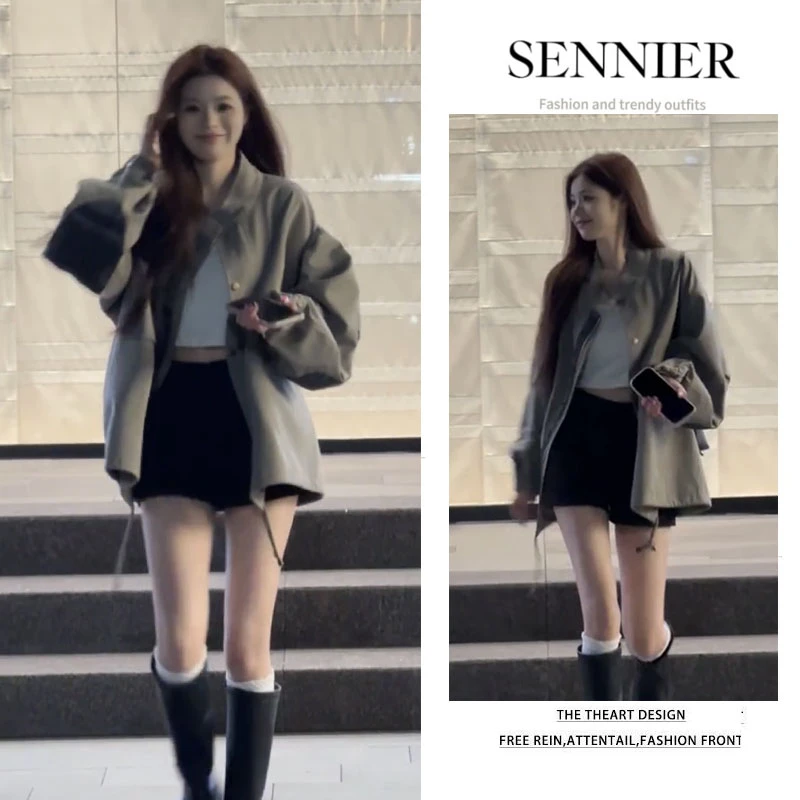早秋穿搭一整套2025新款高级感立领风衣外套女显瘦百搭短裤两件套