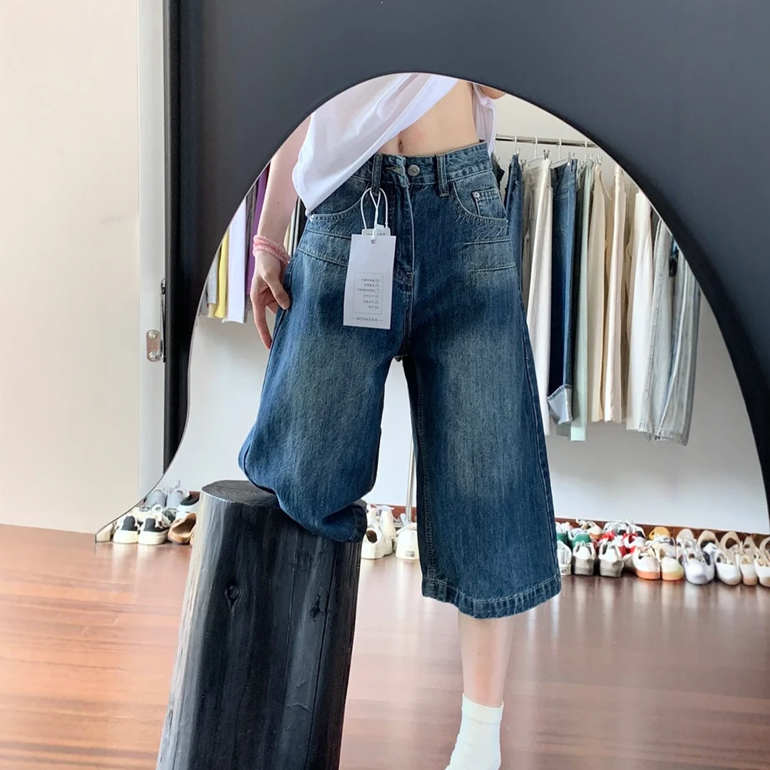 美式复古七分牛仔短裤女夏季大码胖mm高腰宽松显瘦阔腿直筒中裤子