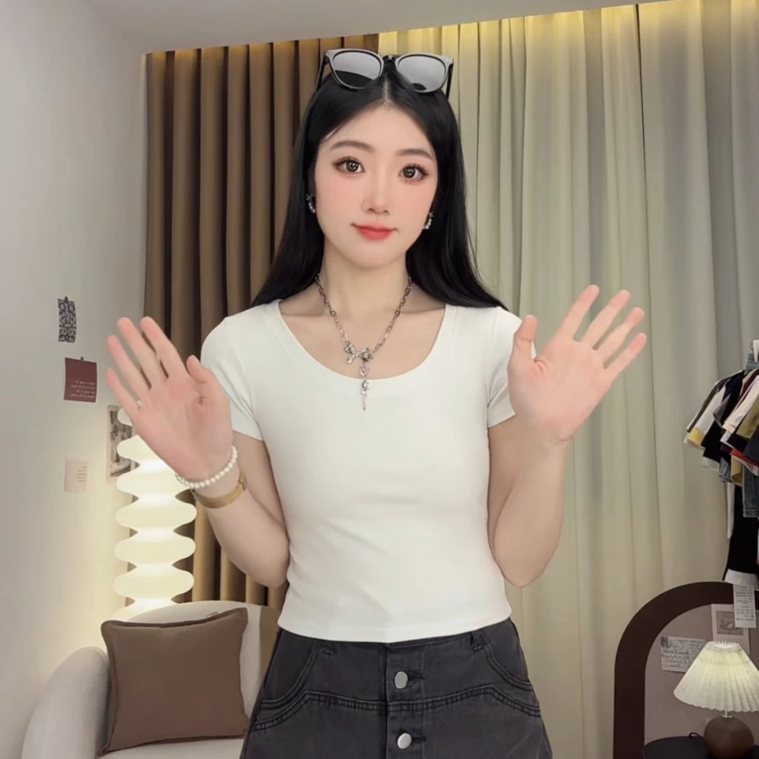 2025夏季U领紧身短袖T恤女修身百搭显瘦白色设计感小众纯色上衣潮