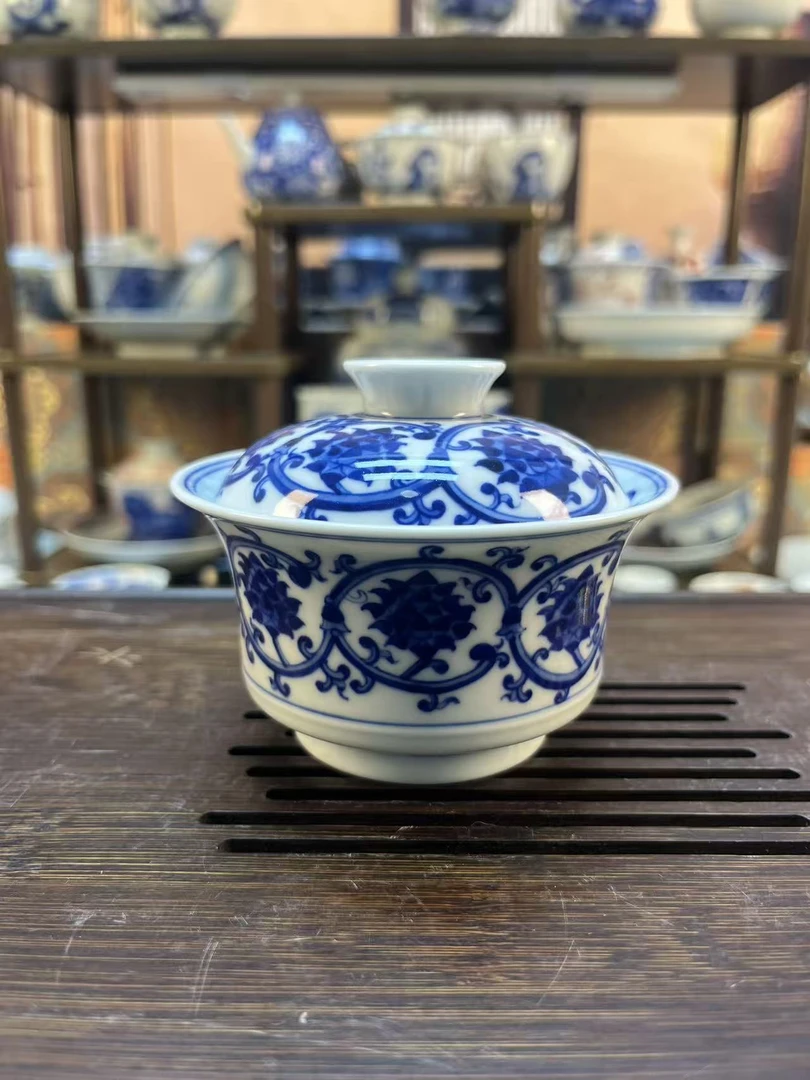 景德镇茶具手工手绘内外满绘双勾缠枝莲马蹄盖碗