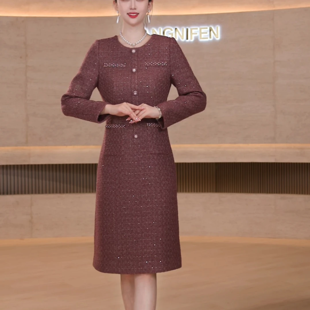 【香妮芬】83566高端羊毛细花尼小香风女装连衣裙显瘦修身裙