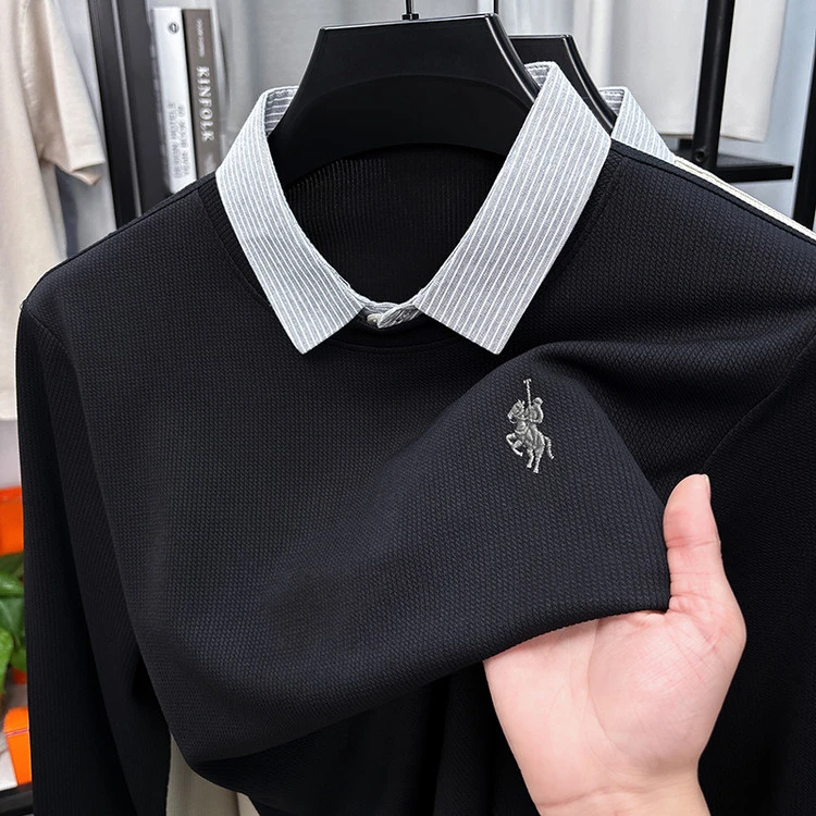 刺绣男士POLO衫假两件长袖上衣秋季新款休闲Polo衫打底衫