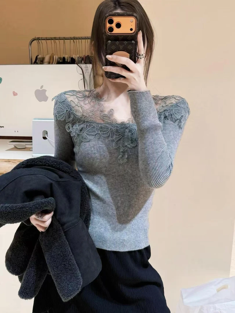 【雾屿】法式气质刺绣针织上衣减龄显瘦轻熟风杏色上衣