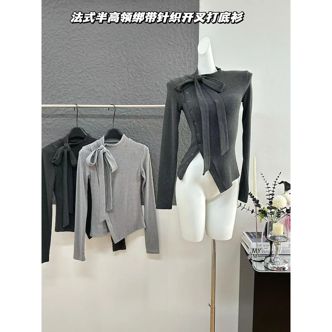 不规则灰色打底衫女t恤秋冬季蝴蝶结2024新款高级感收腰显瘦上衣