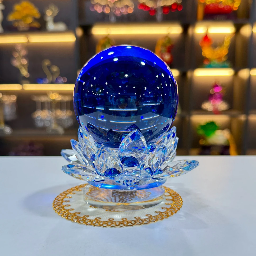 【转运球】K9水晶蓝色转运珠轻奢高档莲花水晶球乔迁礼物客厅装饰品