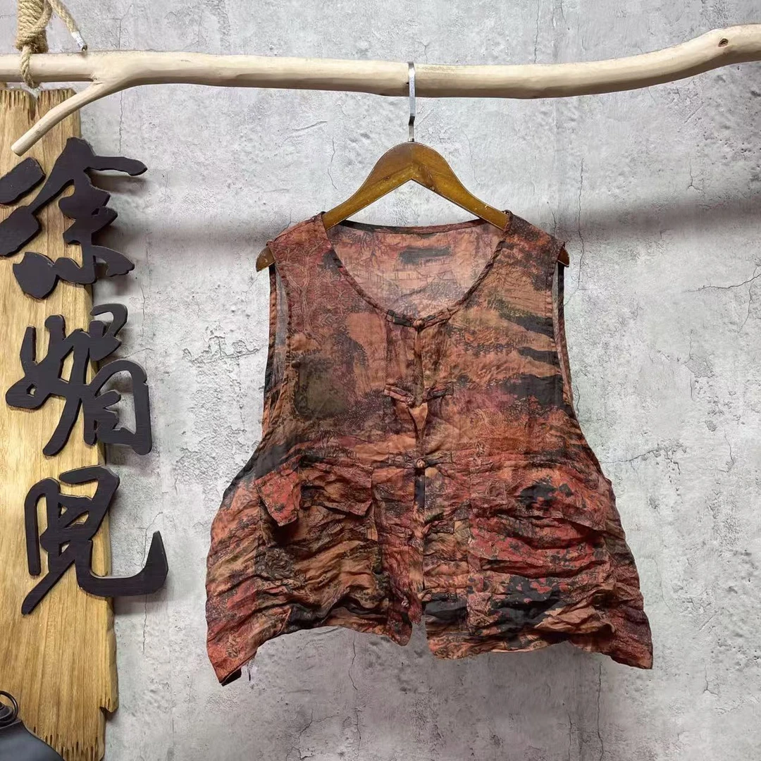 媚儿~原创复古苎麻数码印花盘扣口袋马甲（衣长50 胸围132）