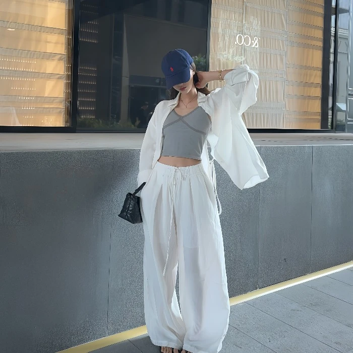 慵懒风套装宽松开叉长袖衬衫女秋季新款宽松高腰抽绳阔腿裤两件套