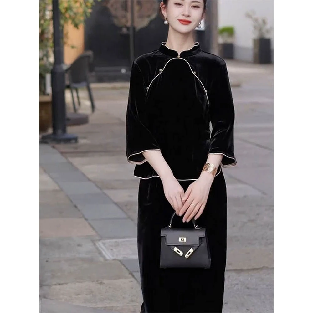 独特新中式女装国风年轻版改良唐装2025新款早秋上衣半裙两件套装