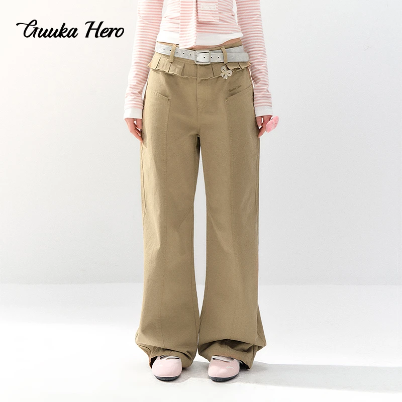 GUUKA HERO卡其花边腰头弯刀裤女美式高街大口袋宽松阔腿裤X61196
