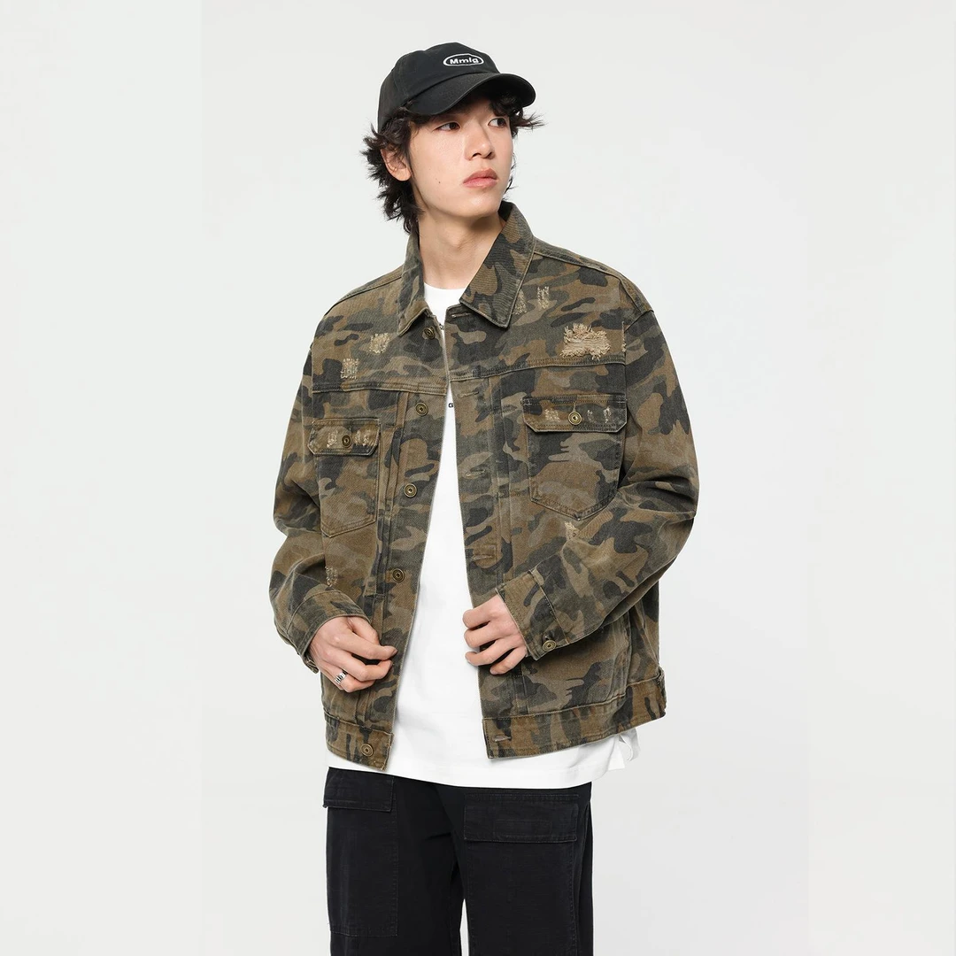 春秋季美式破洞迷彩牛仔外套男帅气战术潮牌复古痞帅工装休闲夹克