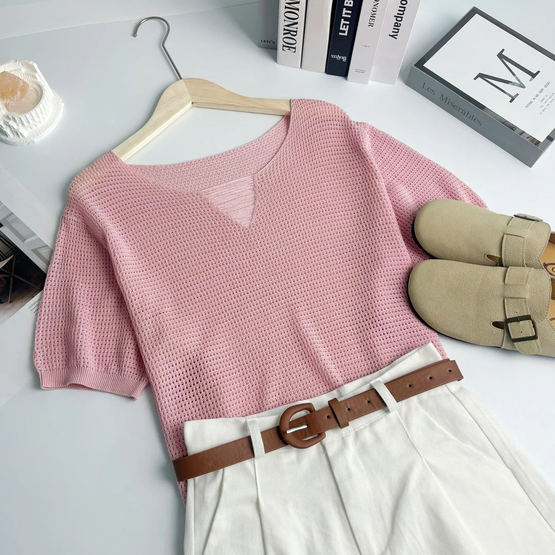 玲姐定制-设计感流苏V领纯色微镂空夏季薄款微透针织短袖123220
