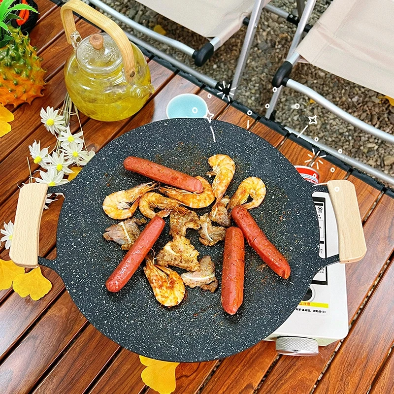户外露营烤盘烧烤用品麦饭石不粘锅烧烤盘燃气烤盘韩式烧烤盘黑色