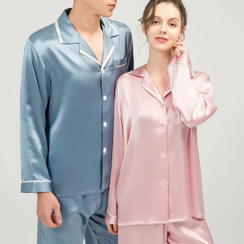 2025春夏情侣款真丝睡衣男女两件套装长袖100桑蚕丝睡衣家居服