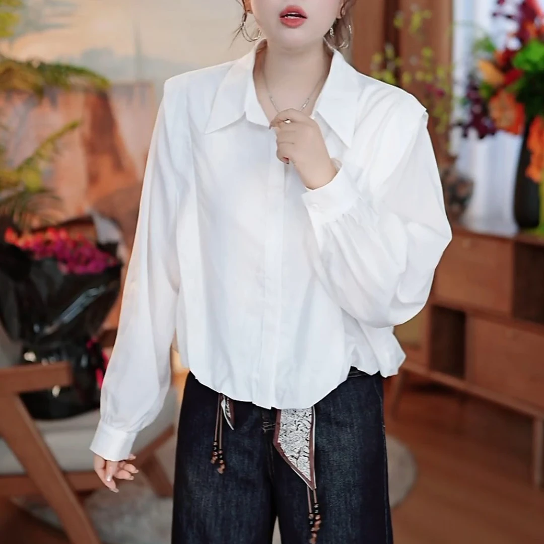 韩版大码胖mm时尚V领衬衫2025秋季气质坎肩百搭长袖单排扣上衣女