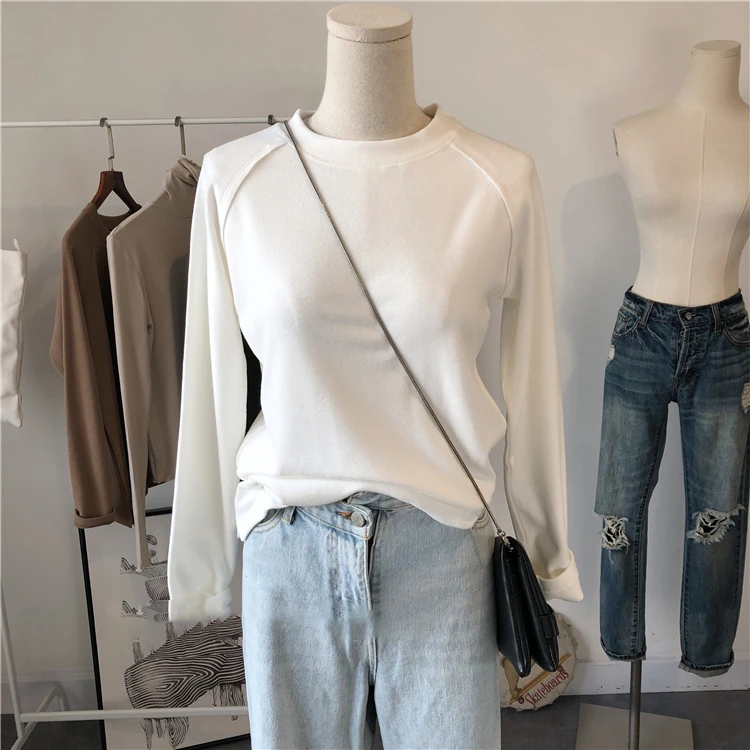 百搭纯色白色秋冬长袖打底衫加厚德绒设计感宽松圆领长袖插肩袖通