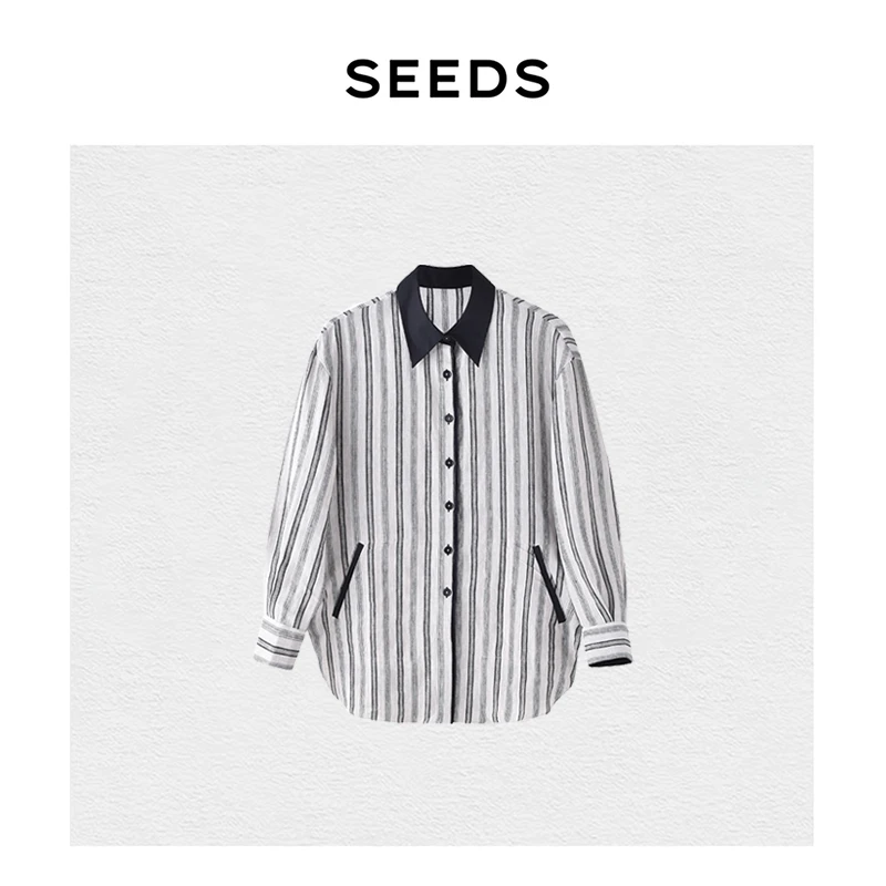 【麻影轻衫】SEEDS STUDIO时髦文艺棉麻色织条纹撞色抽绳廓形衬衫