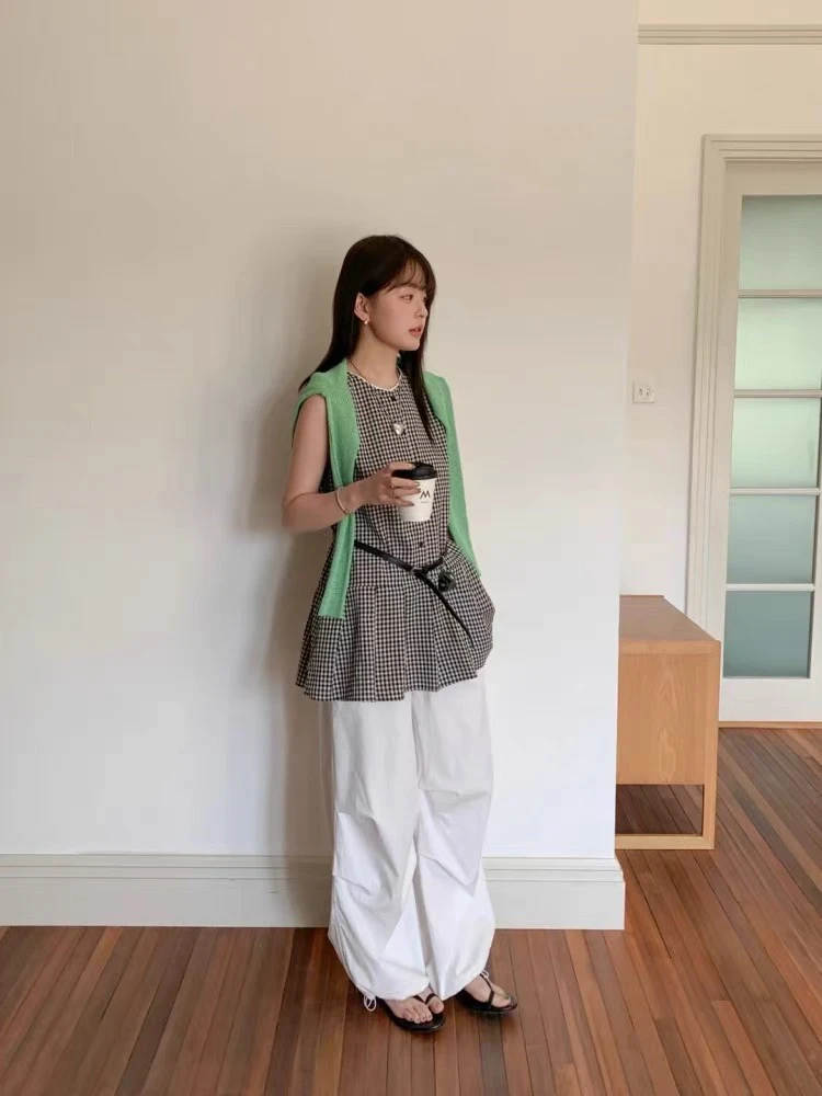 灰灰呀！250016 韩系复古设计腰扣抽绳褶皱松紧高腰百搭休闲工装裤