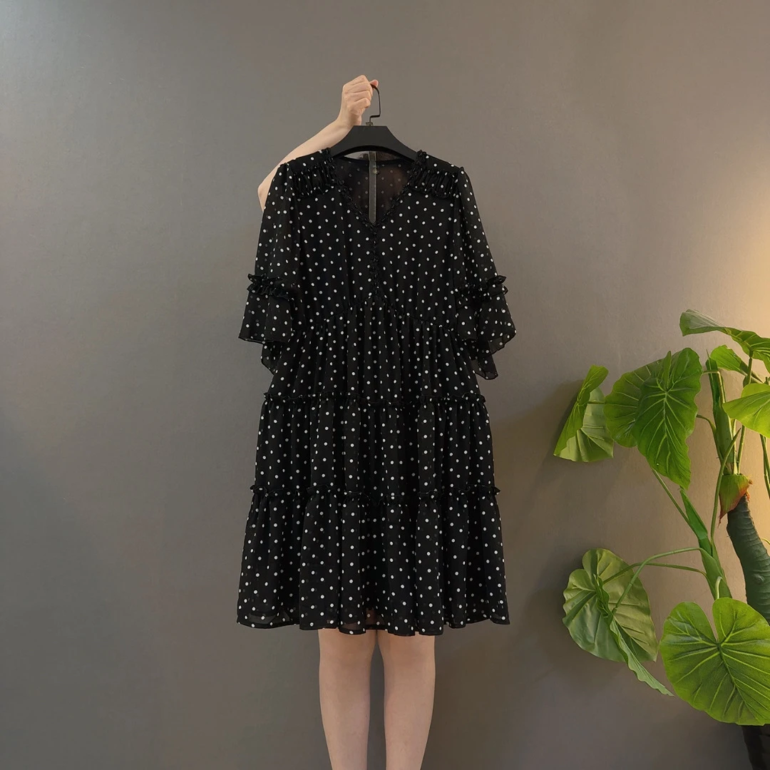 经典波点五分袖收腰显瘦中长款夏季女士连衣裙