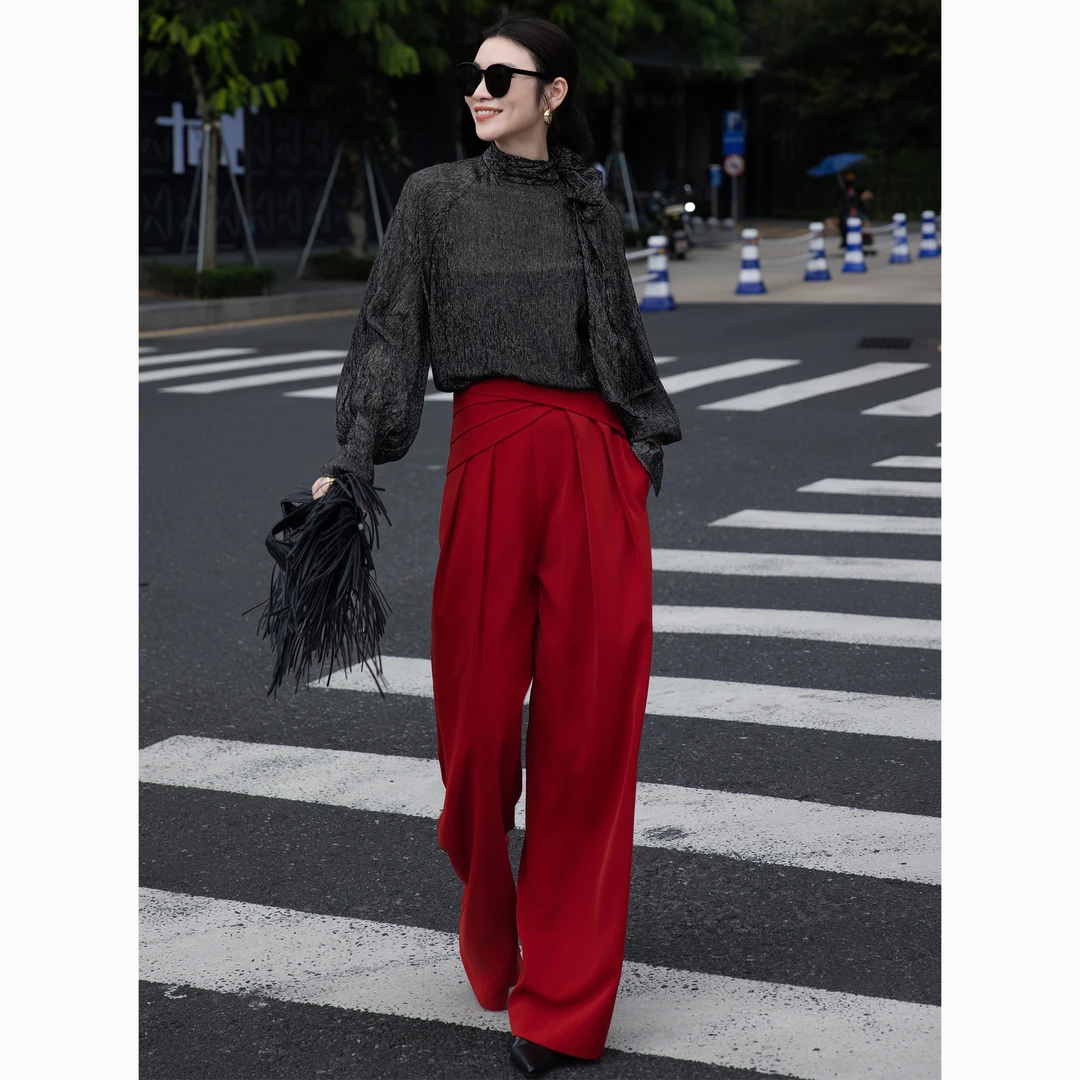 ZEROYK休闲时尚套装女秋季新款设计感飘带领衬衫红色阔腿裤两件套