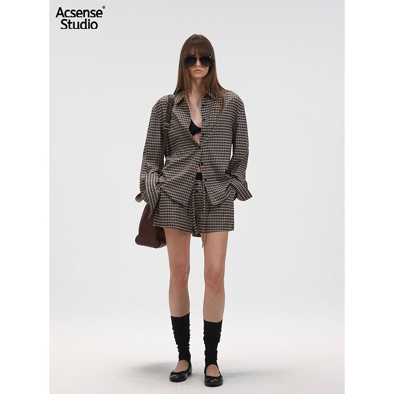 ACSENSE 双面黑米色织格纹chic衬衫