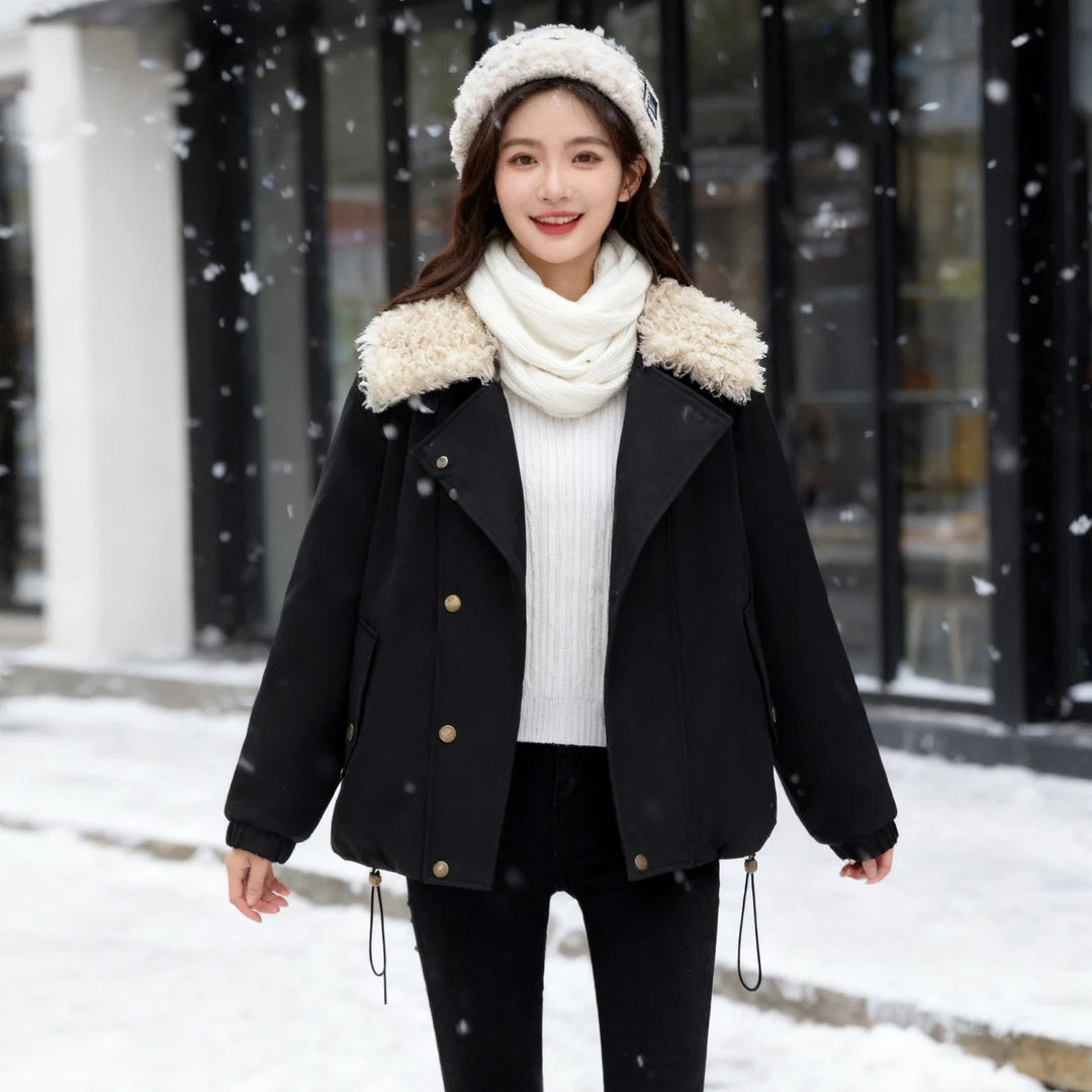 新款加绒棉服女减龄短款外套大码胖mm加厚棉衣防水棉袄工装秋冬