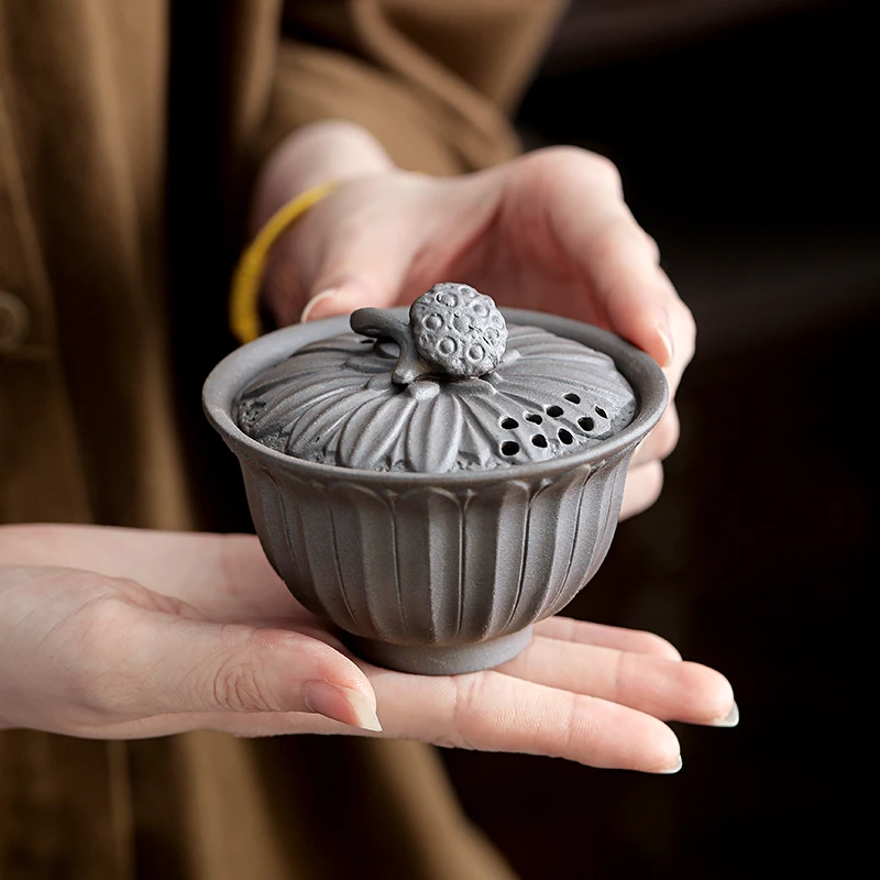 浮雕莲蓬条纹盖碗老陶泥粗陶两才泡茶碗陶瓷功夫茶具家用泡茶器