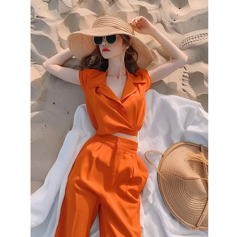 夏日多巴胺穿搭干练气质橘色衬衫轻奢高级感女人味时尚套装两件套