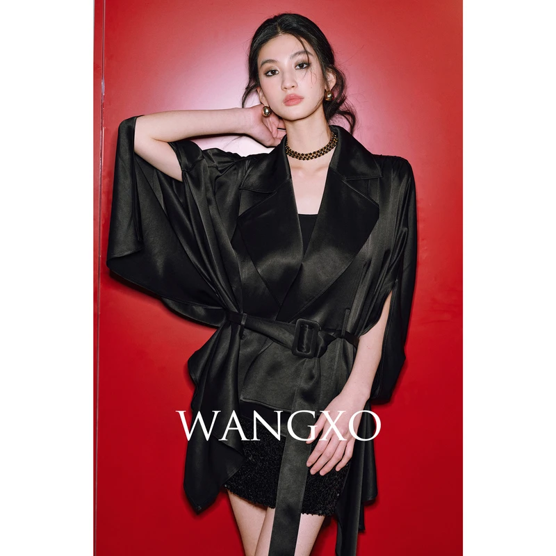 WANGXO 设计感绑带收腰风衣短外套2401659W