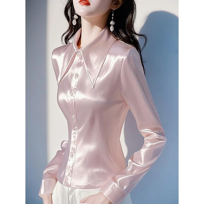 今年爆款粉色缎面衬衫女装2025早春新款时尚洋气高端收腰职业衬衣