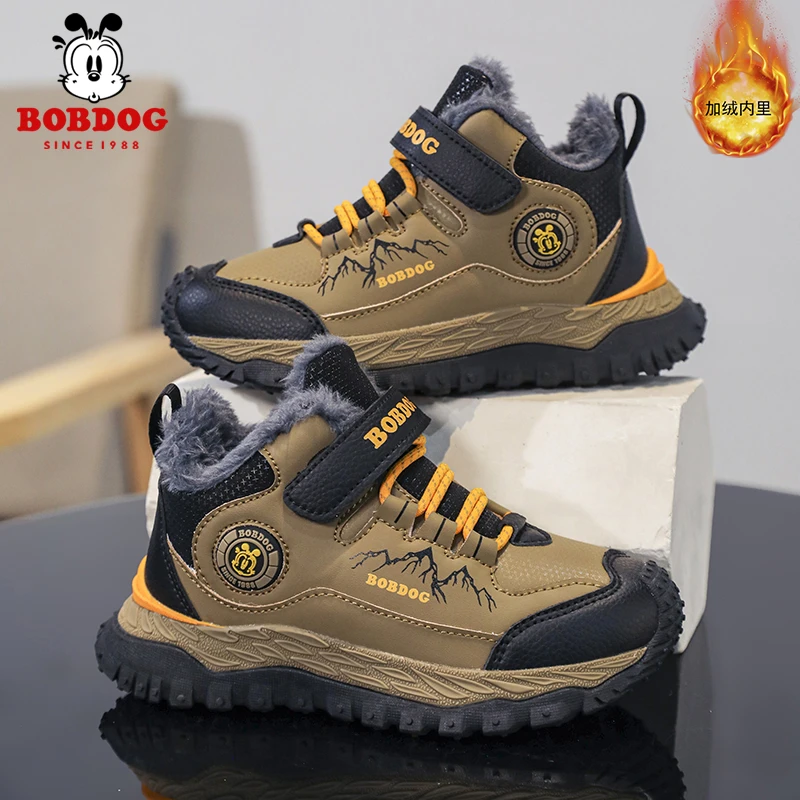 巴布豆儿童户外鞋秋冬季新款皮面防水防滑运动鞋加绒保暖男童棉鞋