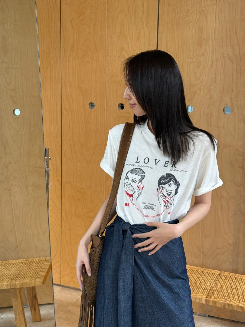 耶耶 YEYE |"逗趣打电话"进口棉亚麻宽松百搭T恤712