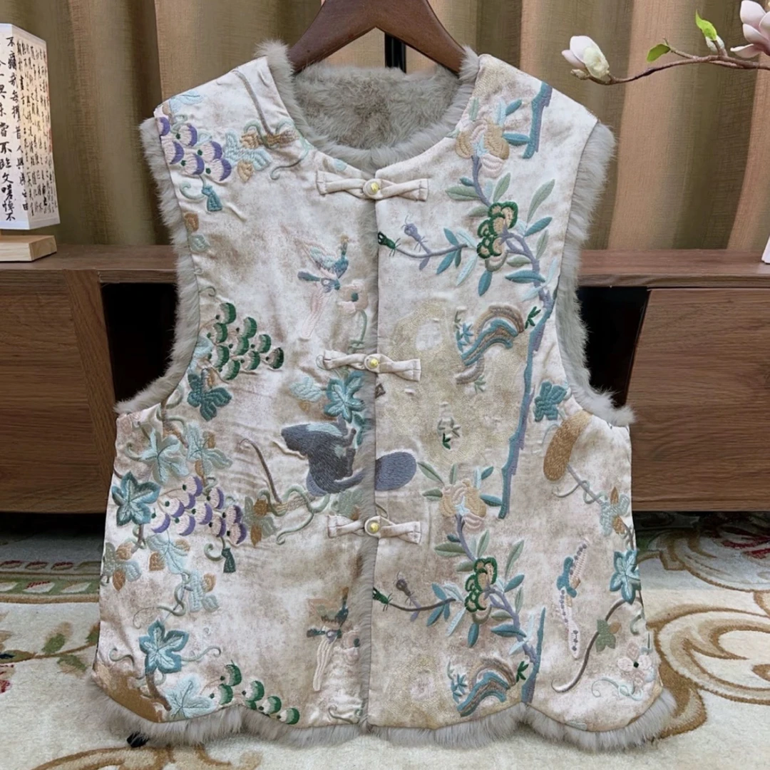 真毛兔毛双面穿马甲冬季保暖刺绣外穿皮毛一体背心055