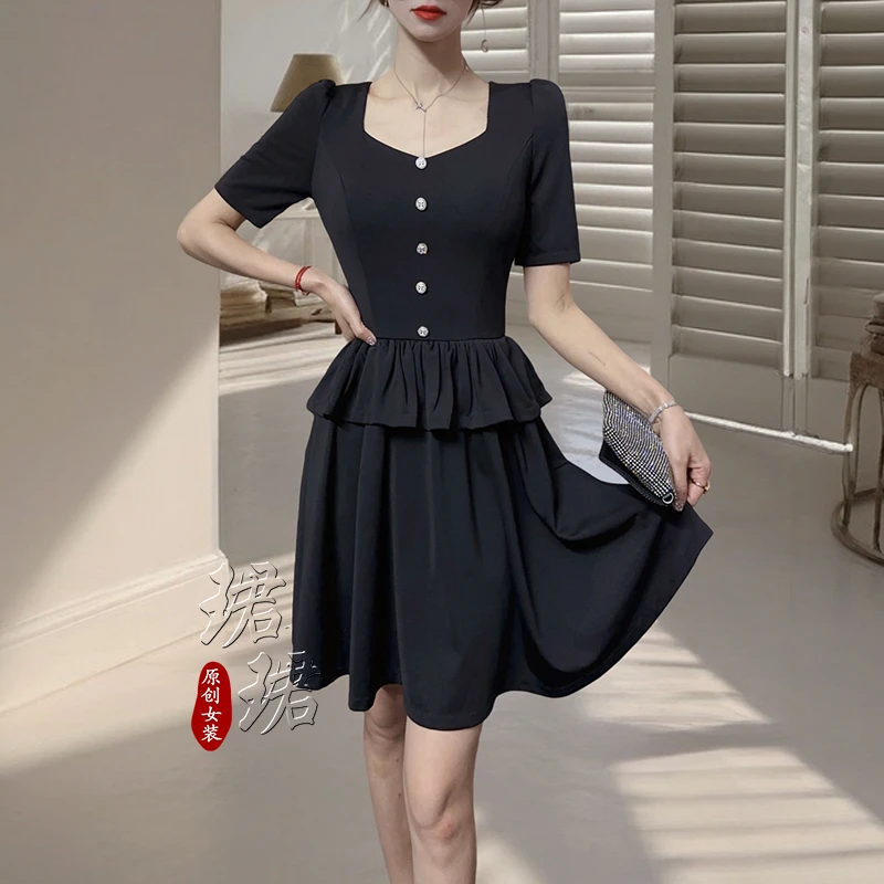 茶歇法式连衣裙夏季短袖大摆裙甜美方领公主裙 小个子短裙